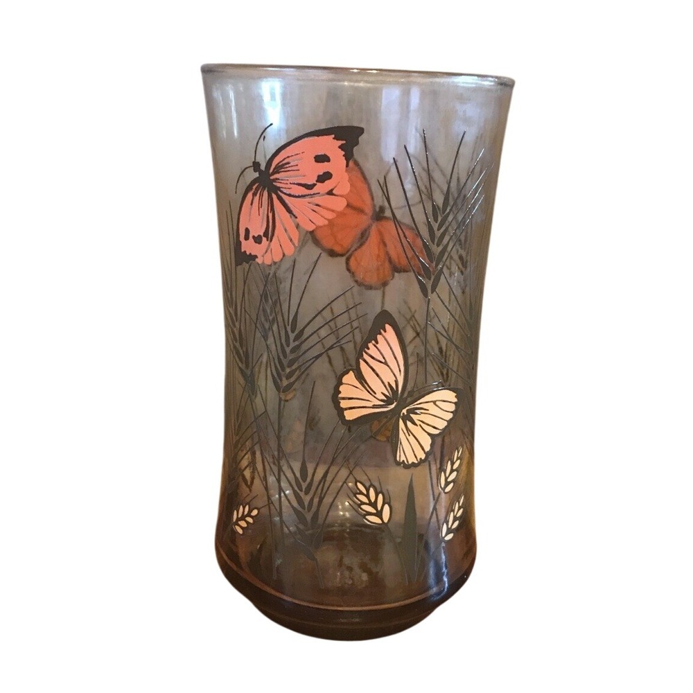 Vintage Butterfly Wheat Glass Tumbler Peach Amber Tall Kitchen‎ Decor